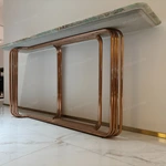 Teal Green Stone Console Table with Parallel Tubular Rose Gold Metal Base